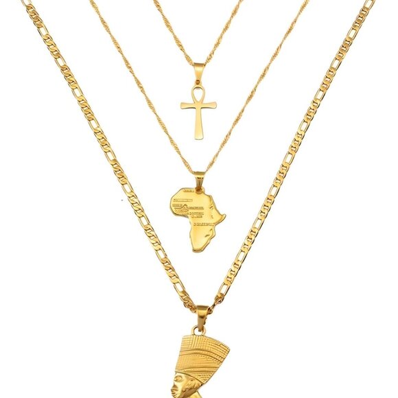 14k Gold Nefertiti Necklace with Ankh Africa Map Sterling Silver Chain Jewelry - Picture 1 of 7